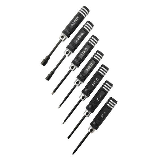 7pcs Galvanized Hex Socket Tool set - Black Hex: 1.5/2.0/2.5mm Box: 4.0/5.5mm Philips 0# Soltted 1# 7pcs/set Length: 109mm Handle Dia: 14mm Tip Rod Dia: 3.5mm