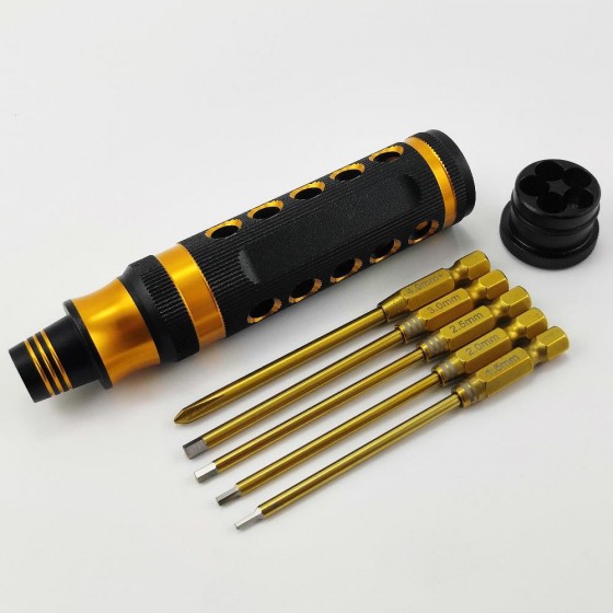Premium 5 in 1 Magnetic Screwdriver Set Hex1.5/2.0/ 2.5/3.0mm/ Philips 4+ Tit-Coated Tips(6.35mm/1/4) 1set