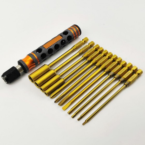 Premium 12 in 1 Magnetic & Lock Screwdriver Set Hex1.5/2.0/2.5/3.0mm Box4.0/5.5/7.0/8.0 mm Philips 4.0+/5.0+ Flat 4.0-/5.0- Tit-Coated Tips(6.35mm/1/4)