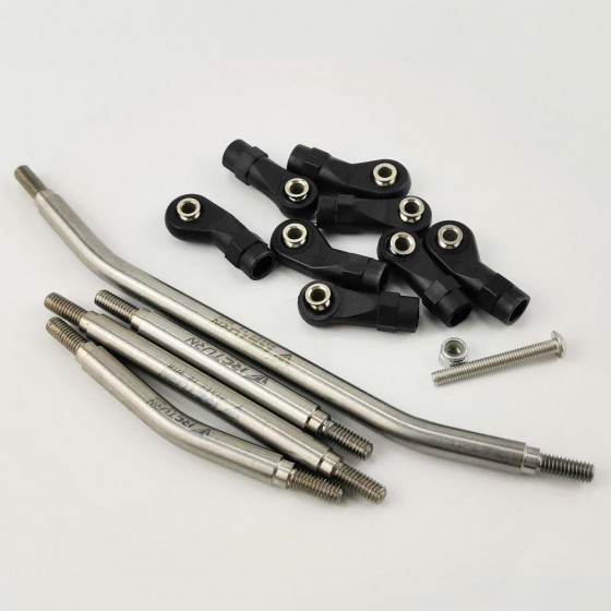 Stainless Crawler Steering Links and Panhard Bar Set for Redcat GEN8 Rod Dia: 6mm / M4 140mm  Link x 1 (Tie Rod) 70mm  Link x 1 (Bended Track Bar, Panhard) 65mm  Link x 1 (Drag Link) for optional servo. 80mm Link x 1 (Drag Link) for stock servo.