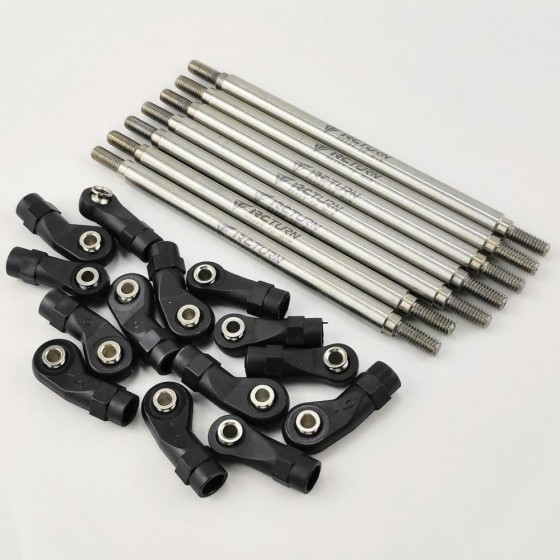 Stainless Crawler Wheelbase Suspension Links Set for Redcat GEN8 (Chassis Links)  Rod Dia: 6mm / M4 105mm Link x 5 (Front Upper, Rear Upper / Lower) 100mm Link x 2 (Front Lower) Straight Rod End x 6 (Front / Rear Upper) Offset Rod End x 8 (Front / Rear Lo