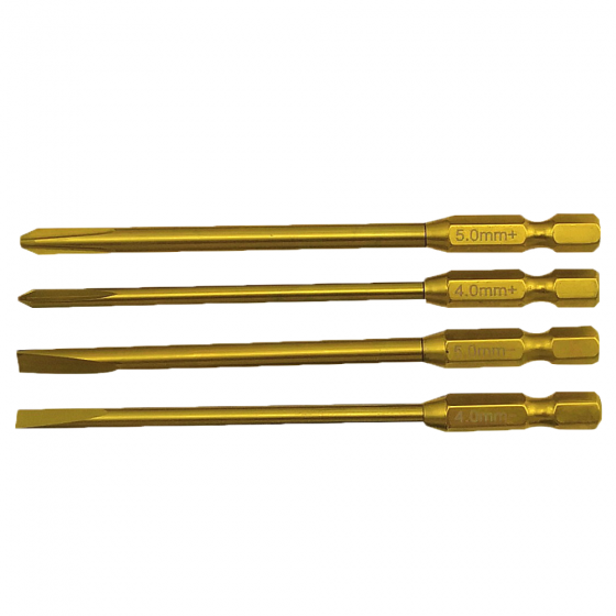 Premium RC Power Tool Tit-Coated Tips 4pcs (6.35mm/1/4) Philips 4.0+/5.0+ Flat 4.0-/5.0- L=100mm, 4pcs/set