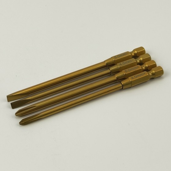 Premium RC Power Tool Tit-Coated Tips 4pcs (6.35mm/1/4) Philips 4.0+/5.0+ Flat 4.0-/5.0- L=100mm, 4pcs/set