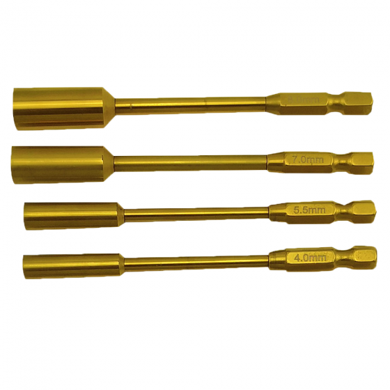 RC Power Tool Tit-Coated Nut Driver Tips 4pcs (6.35mm/1/4) BOX 4.0/5.5/7.0/8.0mm L=100mm, 4pcs/set