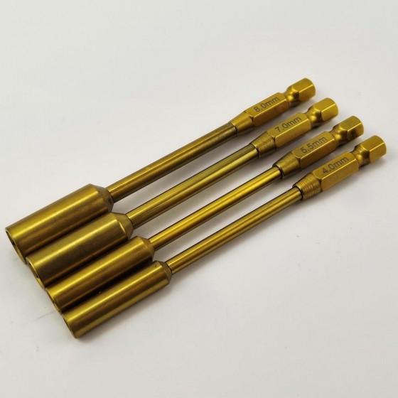 RC Power Tool Tit-Coated Nut Driver Tips 4pcs (6.35mm/1/4) BOX 4.0/5.5/7.0/8.0mm L=100mm, 4pcs/set