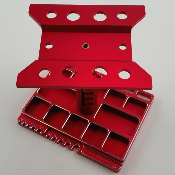 Multifunctional Alloy Five Heights Adjustable RC Car Work Stand Kit for 1/10 Scale RC Cars - Red 160x130x(120/135//145//161/170)mm, Unassemblied Screw Length (0-5cm) & Size (M2.0-4.0) Measuring, Soldering Jigs for XT90, XT60, SM, T-Pug/Deans, T30, Shock C