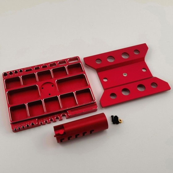 Multifunctional Alloy Five Heights Adjustable RC Car Work Stand Kit for 1/10 Scale RC Cars - Red 160x130x(120/135//145//161/170)mm, Unassemblied Screw Length (0-5cm) & Size (M2.0-4.0) Measuring, Soldering Jigs for XT90, XT60, SM, T-Pug/Deans, T30, Shock C