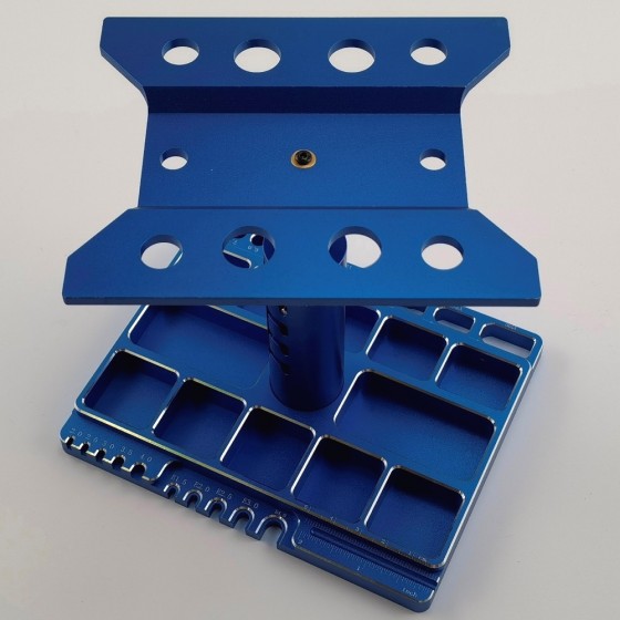 Multifunctional Alloy Five Heights Adjustable RC Car Work Stand Kit for 1/10 Scale RC Cars - Blue 160x130x(120/135//145//161/170)mm, Unassemblied Screw Length (0-5cm) & Size (M2.0-4.0) Measuring, Soldering Jigs for XT90, XT60, SM, T-Pug/Deans, T30, Shock 