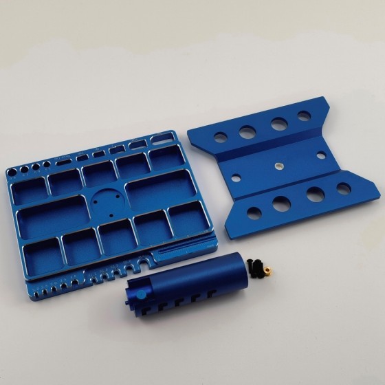 Multifunctional Alloy Five Heights Adjustable RC Car Work Stand Kit for 1/10 Scale RC Cars - Blue 160x130x(120/135//145//161/170)mm, Unassemblied Screw Length (0-5cm) & Size (M2.0-4.0) Measuring, Soldering Jigs for XT90, XT60, SM, T-Pug/Deans, T30, Shock 