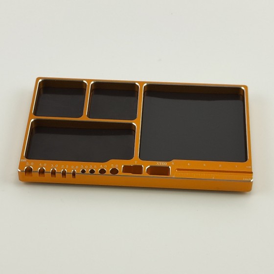Alloy Multifunctional Screw & Parts Tray - Gold Screw Length (0-5cm) & Size (M2.0-5.0) Measuring  Soldering Jigs for Bullet 3.0-5.0mm, XT60, T-Pug/Deans,  Size: 159*100x11mm  Weight: 214g