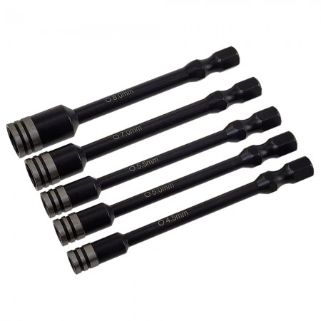 RC Power Tool Nut Driver Tips 5pcs: Black TiCoated (Chuck 6.35mm 1/4) BOX4.5/5.0/5.5/7.0/8.0 x75mm