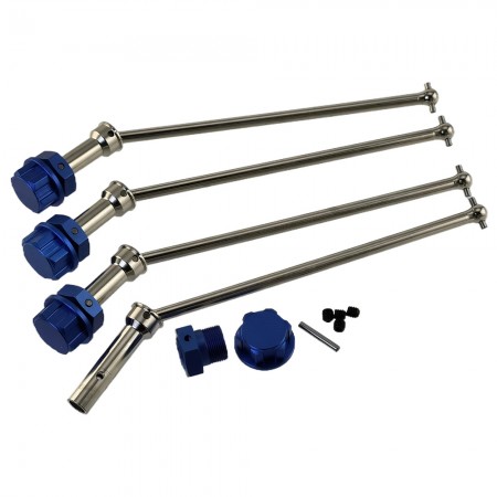 Haredened Steel Front / Rear CVD Drive Shafts with Aluminium Wheel Hex Adapter and Lock Nuts for Arrma 1/5 Kraton 8S Outcast: Silver/Blue