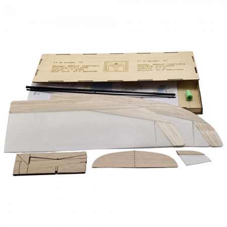 F1N Indoor Hand Launched Glider Free Flight Kits Wing Span 300mm Designer: Mikhail Yashinskiy  Pre Tapered Wing Panels, Need to sand the leading edge profile Balsa / Foam / Carbon Sock Fuselage